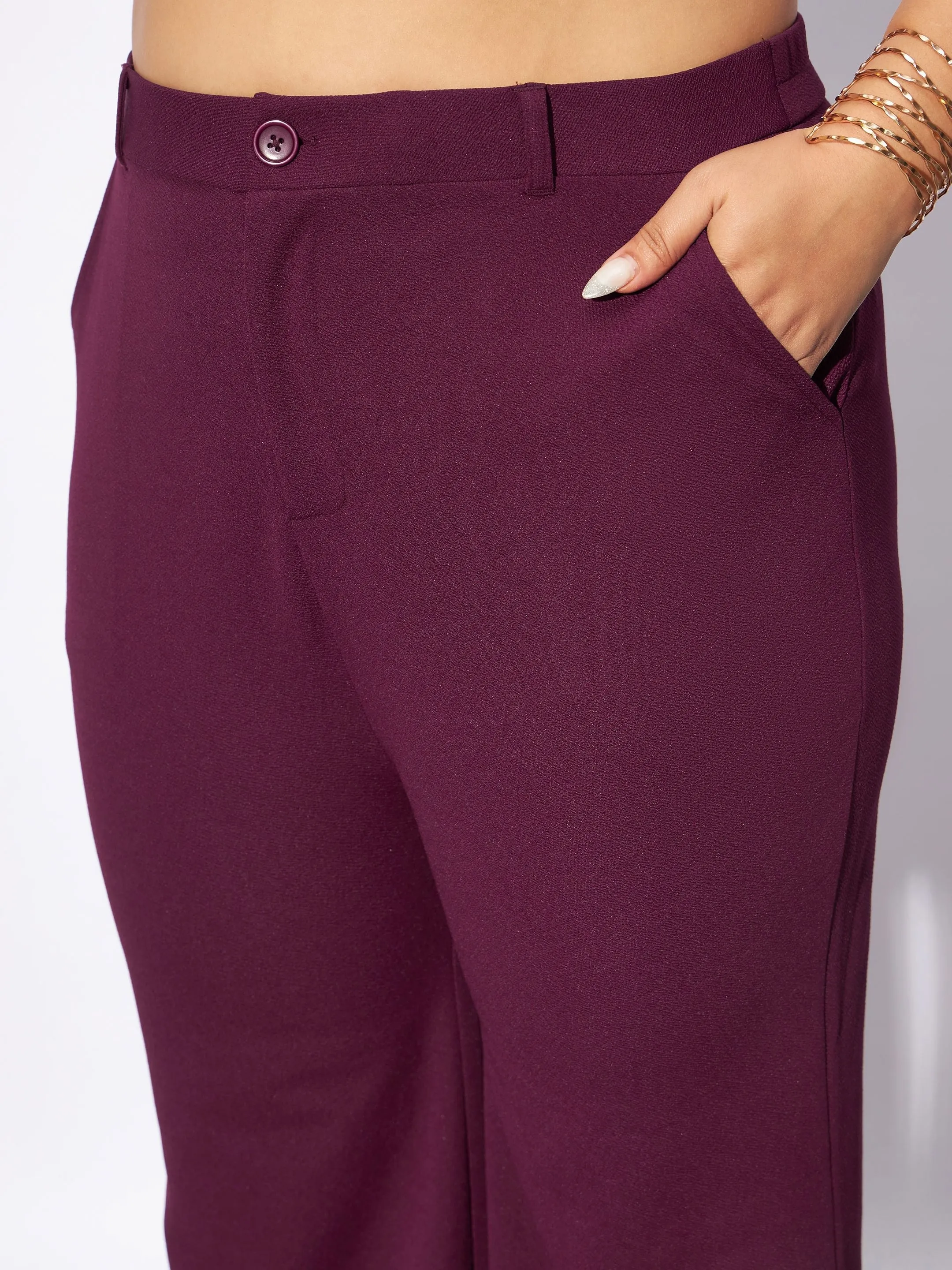 Women Burgundy Front Button Top With Straight Pants