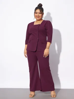 Women Burgundy Front Button Top With Straight Pants