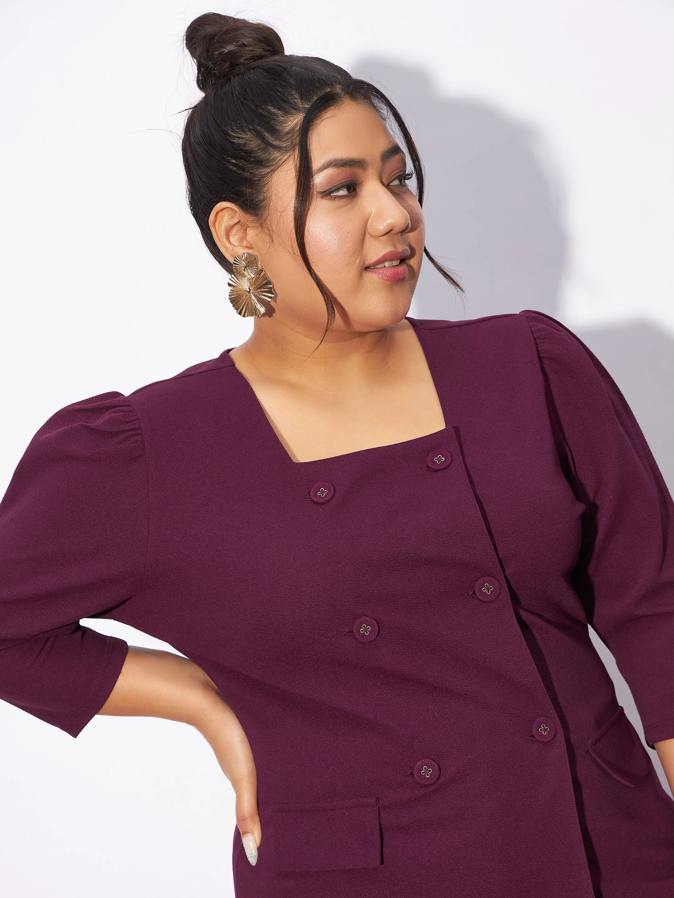 Women Burgundy Front Button Top With Straight Pants