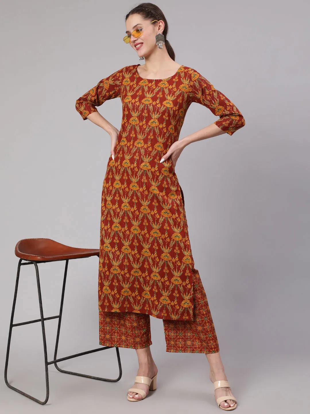 Women Maroon Floral Printed Straight Kurta And Palazzo