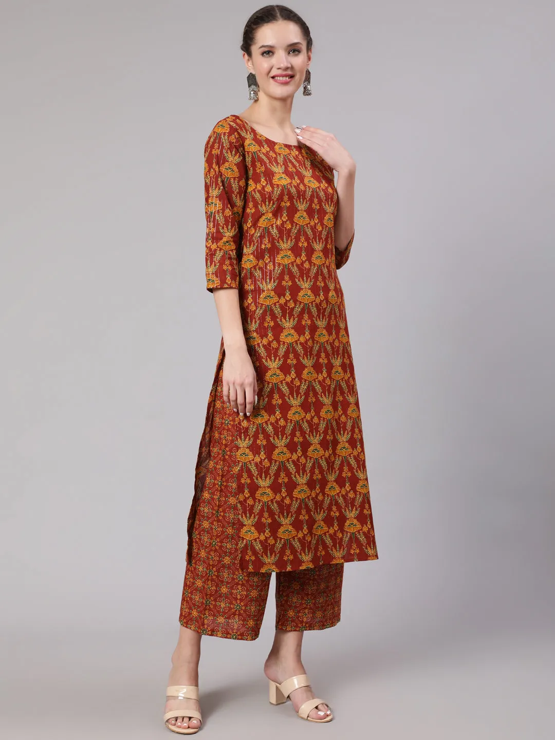 Women Maroon Floral Printed Straight Kurta And Palazzo