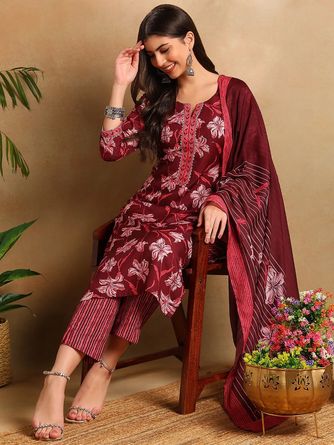 Women Maroon Rayon Blend Floral Printed Straight Kurta Trousers With Dupatta