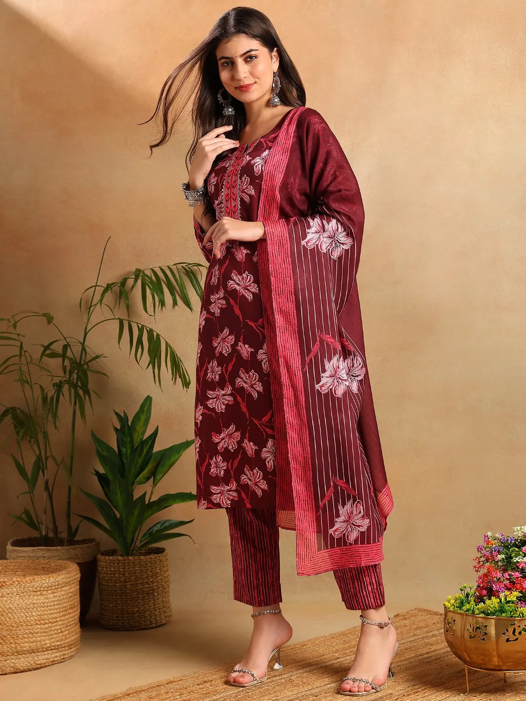 Women Maroon Rayon Blend Floral Printed Straight Kurta Trousers With Dupatta