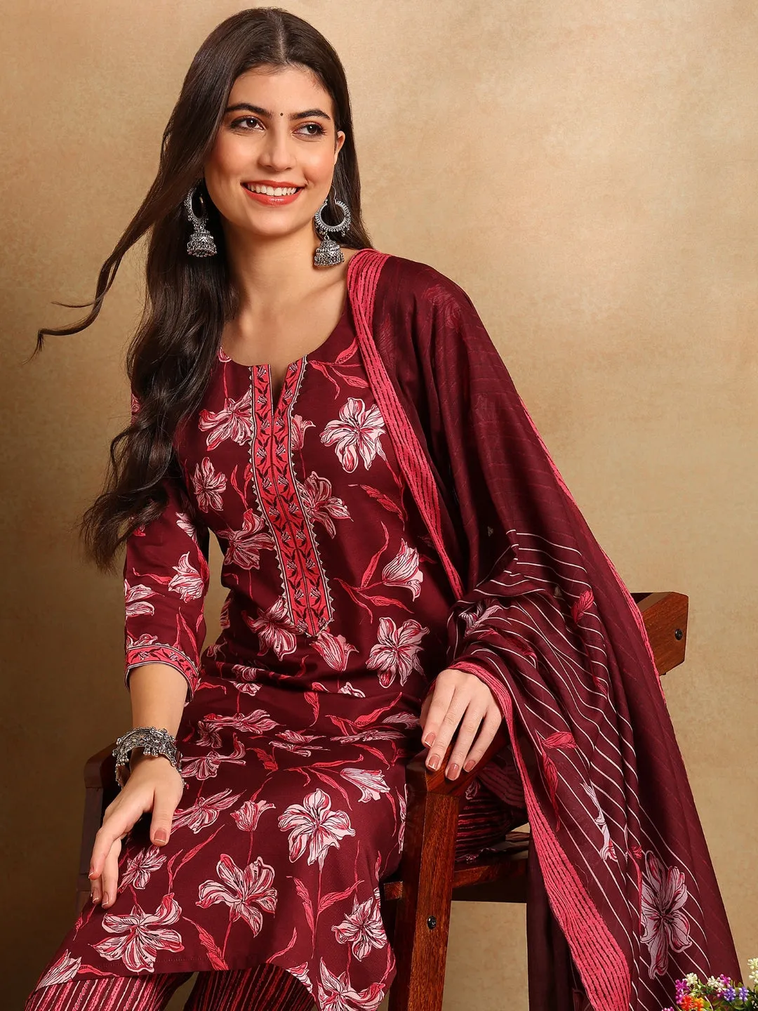 Women Maroon Rayon Blend Floral Printed Straight Kurta Trousers With Dupatta