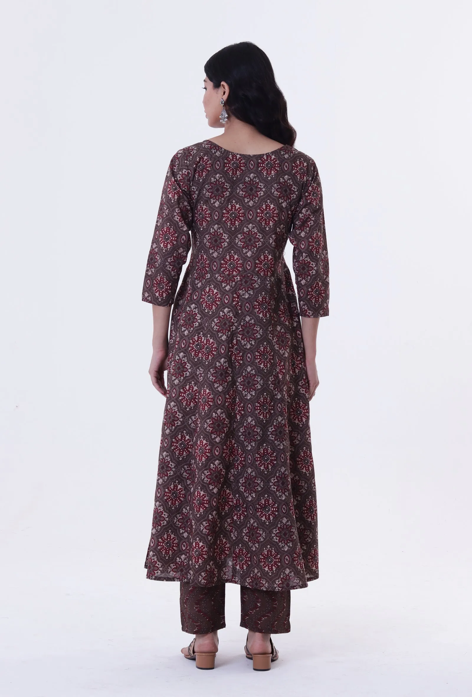 Woody Brown & White Cotton Block Printed Kurta