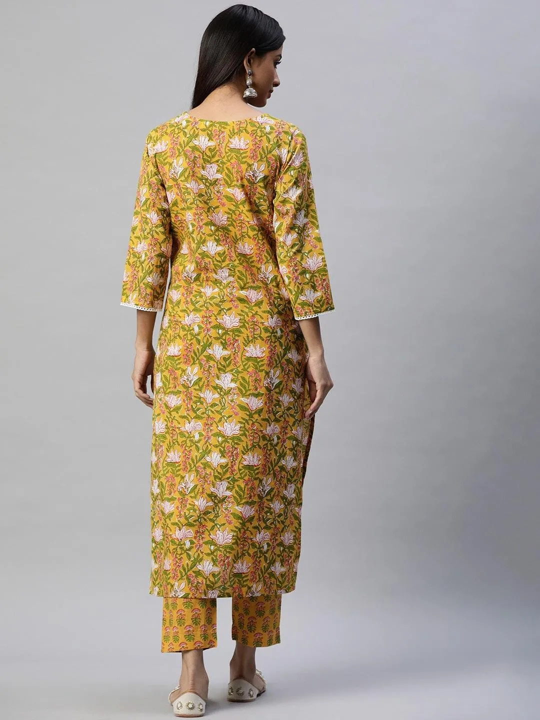 Yellow Floral Printed Straight Kurta Pant Sets