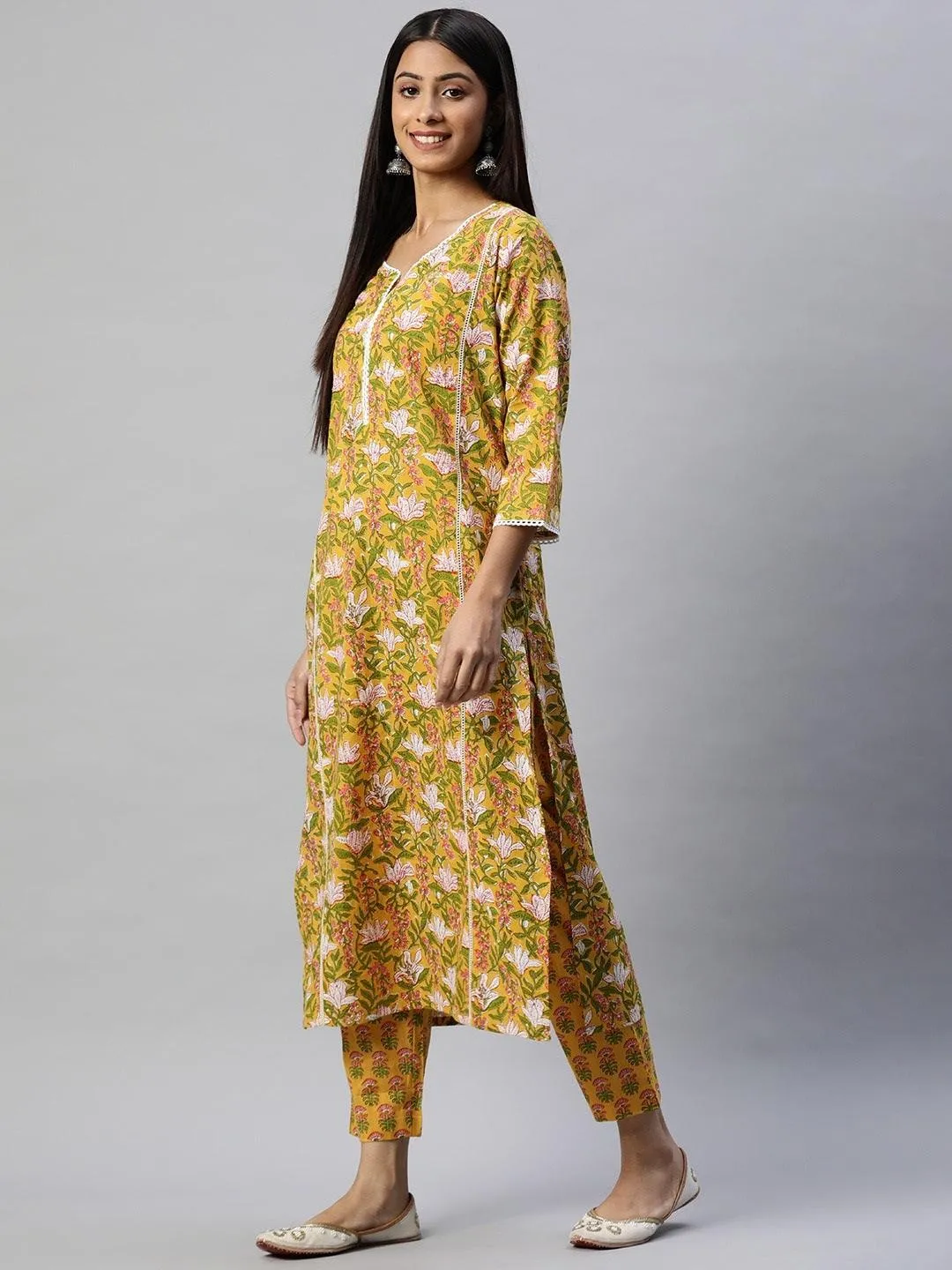 Yellow Floral Printed Straight Kurta Pant Sets