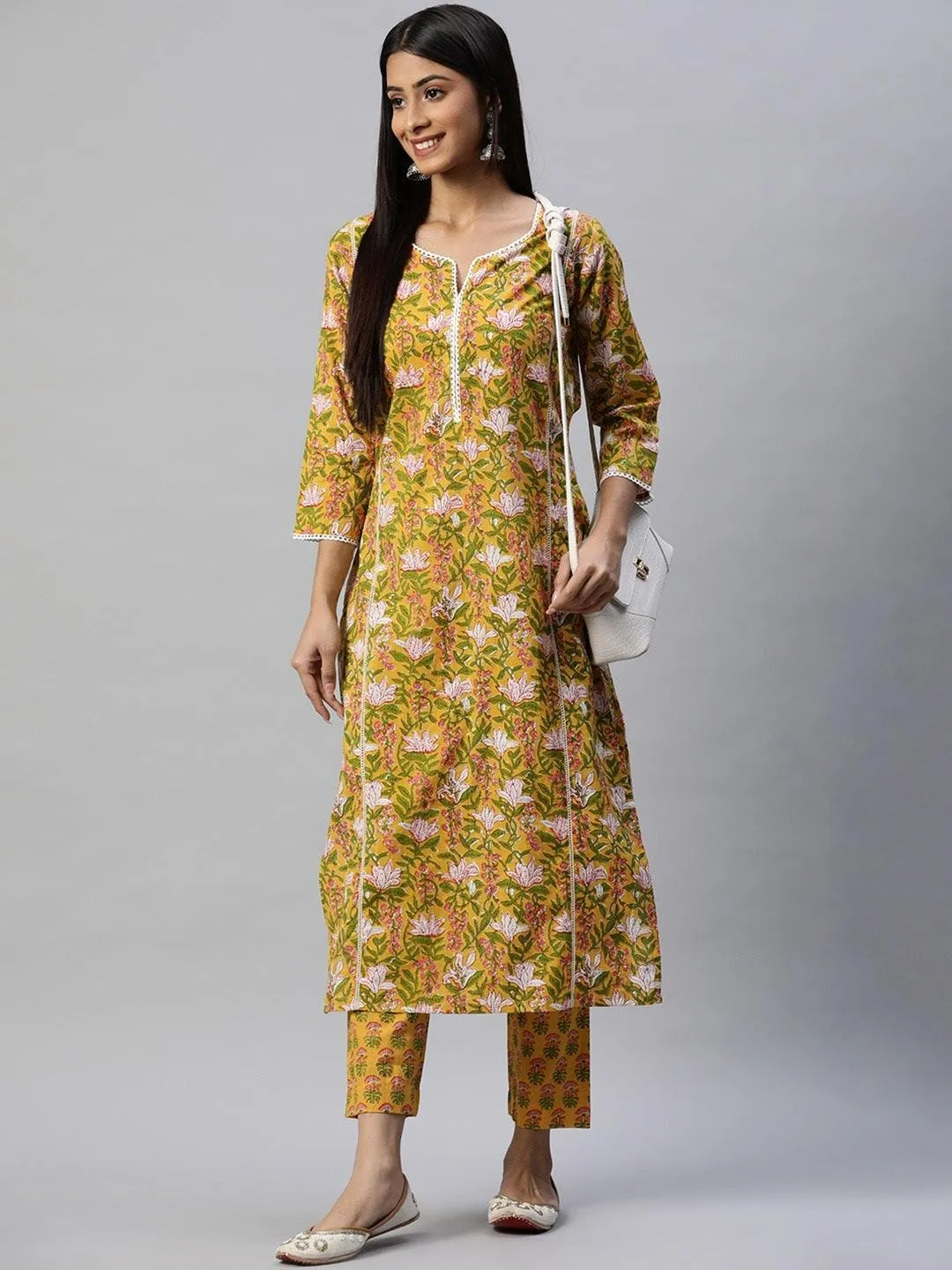 Yellow Floral Printed Straight Kurta Pant Sets