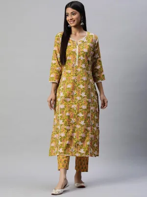 Yellow Floral Printed Straight Kurta Pant Sets