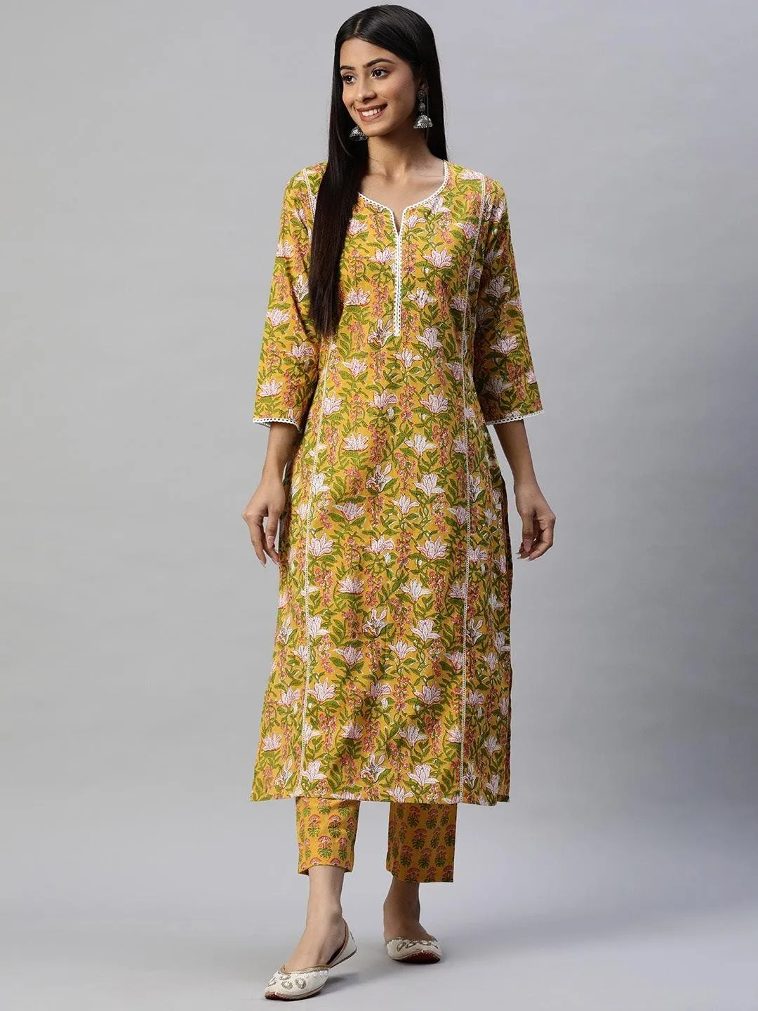 Yellow Floral Printed Straight Kurta Pant Sets