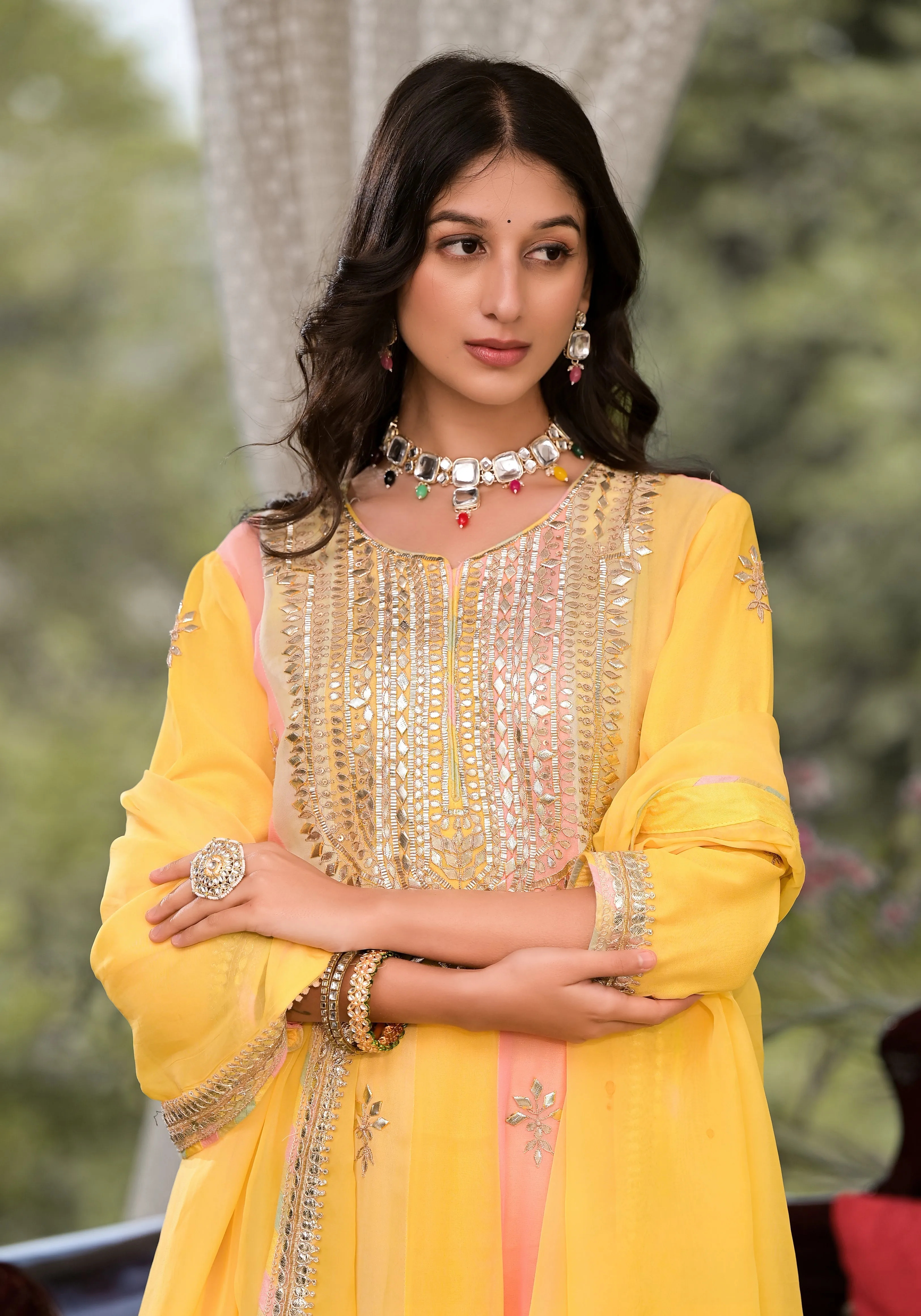 Yellow Gota Patti Embroidered Banarsi Georgette Kurta Set With Organza Dupatta