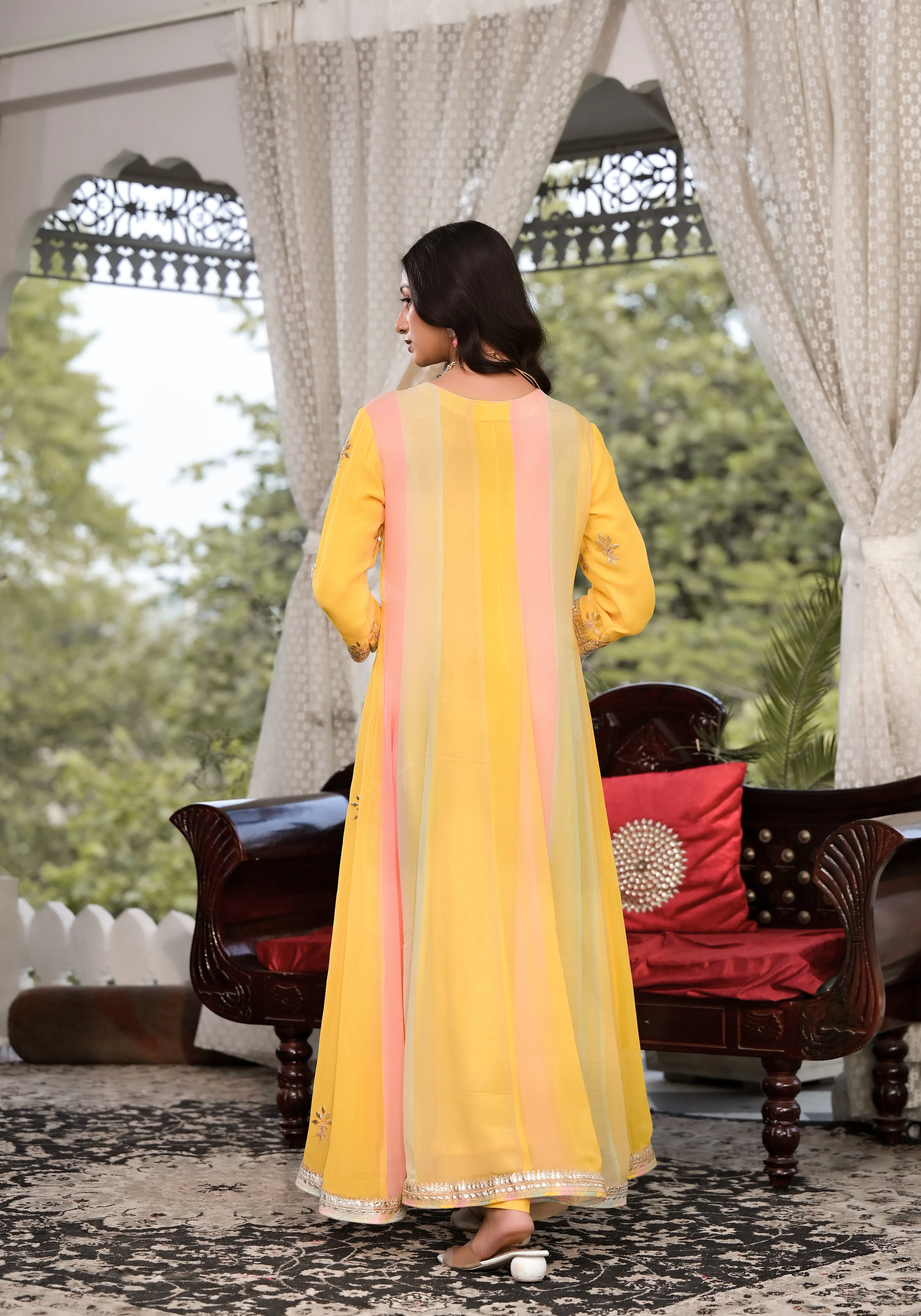 Yellow Gota Patti Embroidered Banarsi Georgette Kurta Set With Organza Dupatta