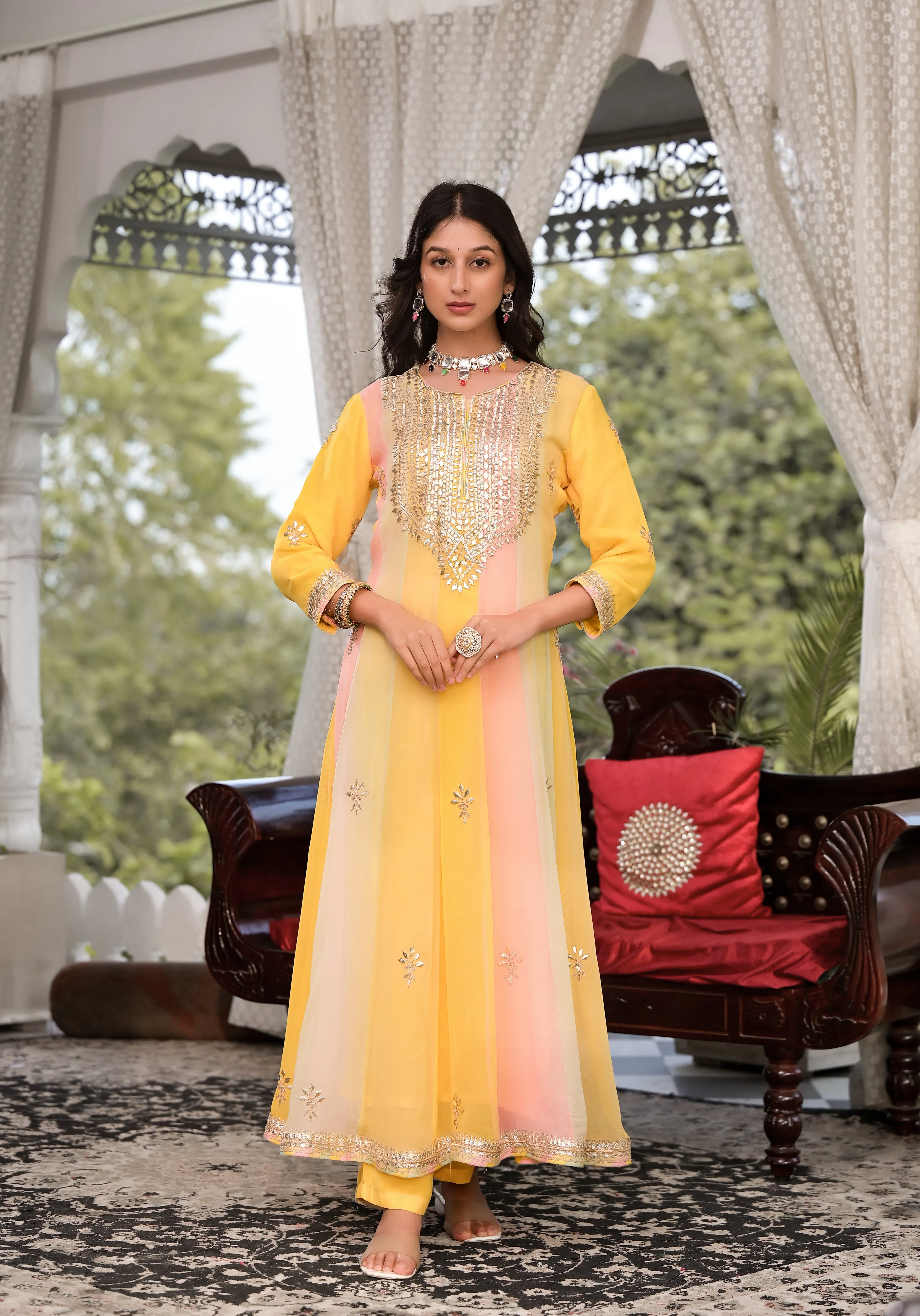 Yellow Gota Patti Embroidered Banarsi Georgette Kurta Set With Organza Dupatta