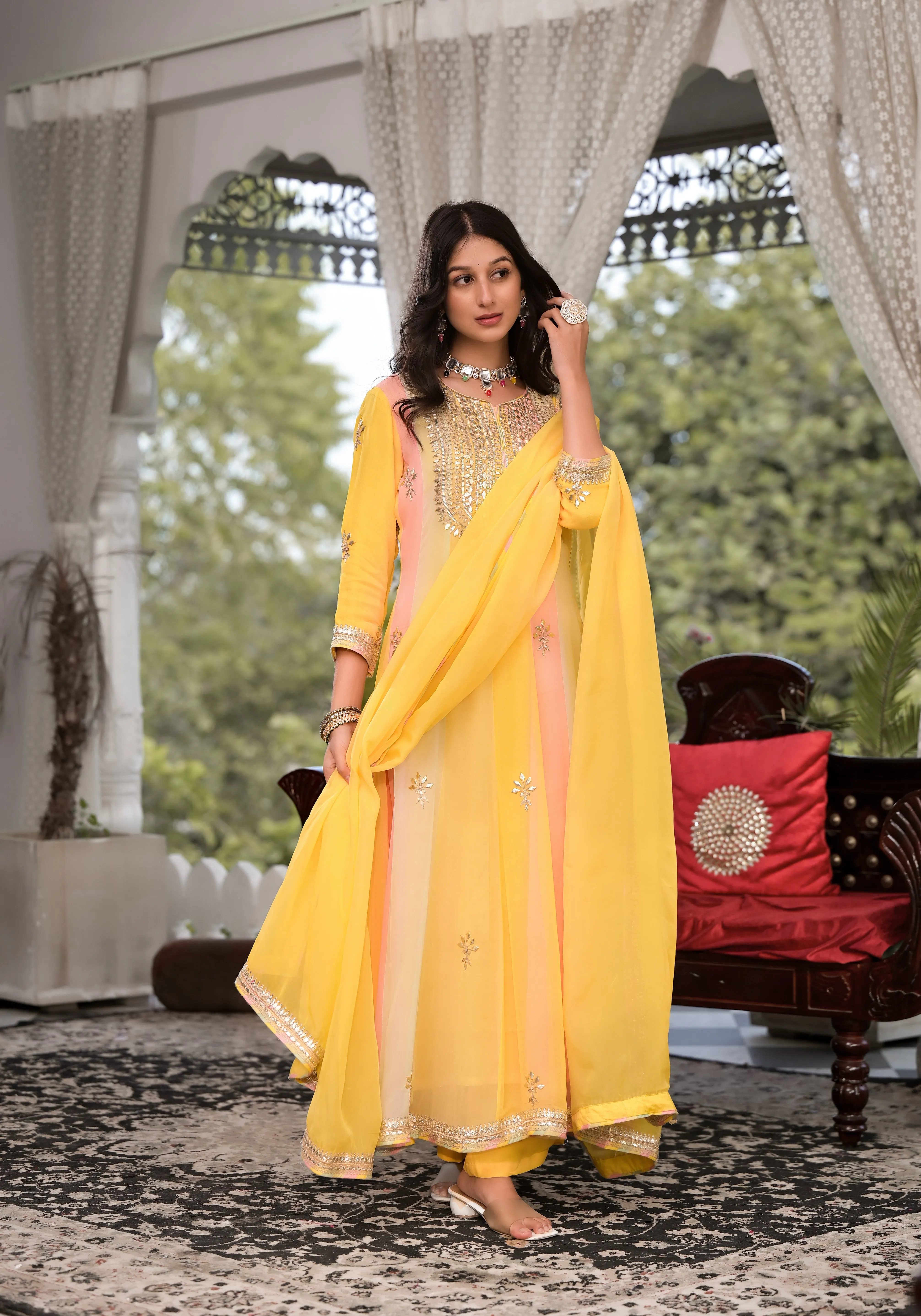 Yellow Gota Patti Embroidered Banarsi Georgette Kurta Set With Organza Dupatta