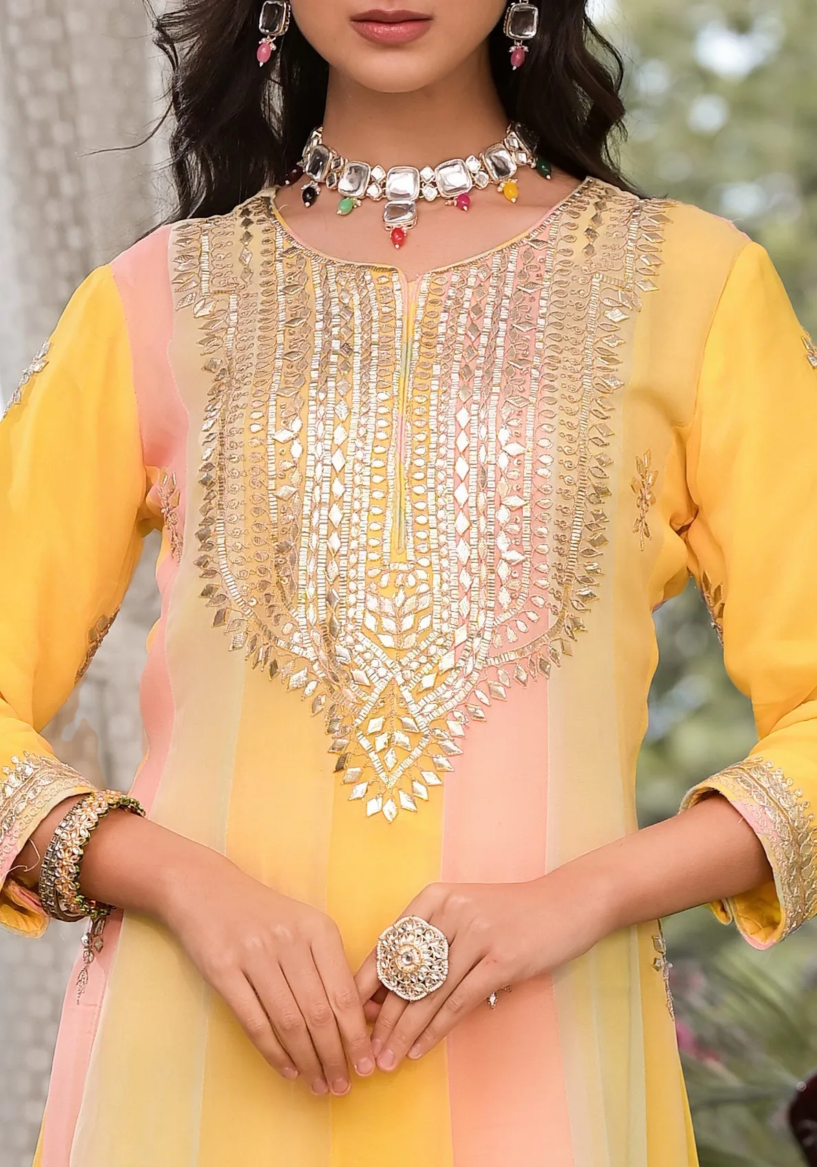 Yellow Gota Patti Embroidered Banarsi Georgette Kurta Set With Organza Dupatta