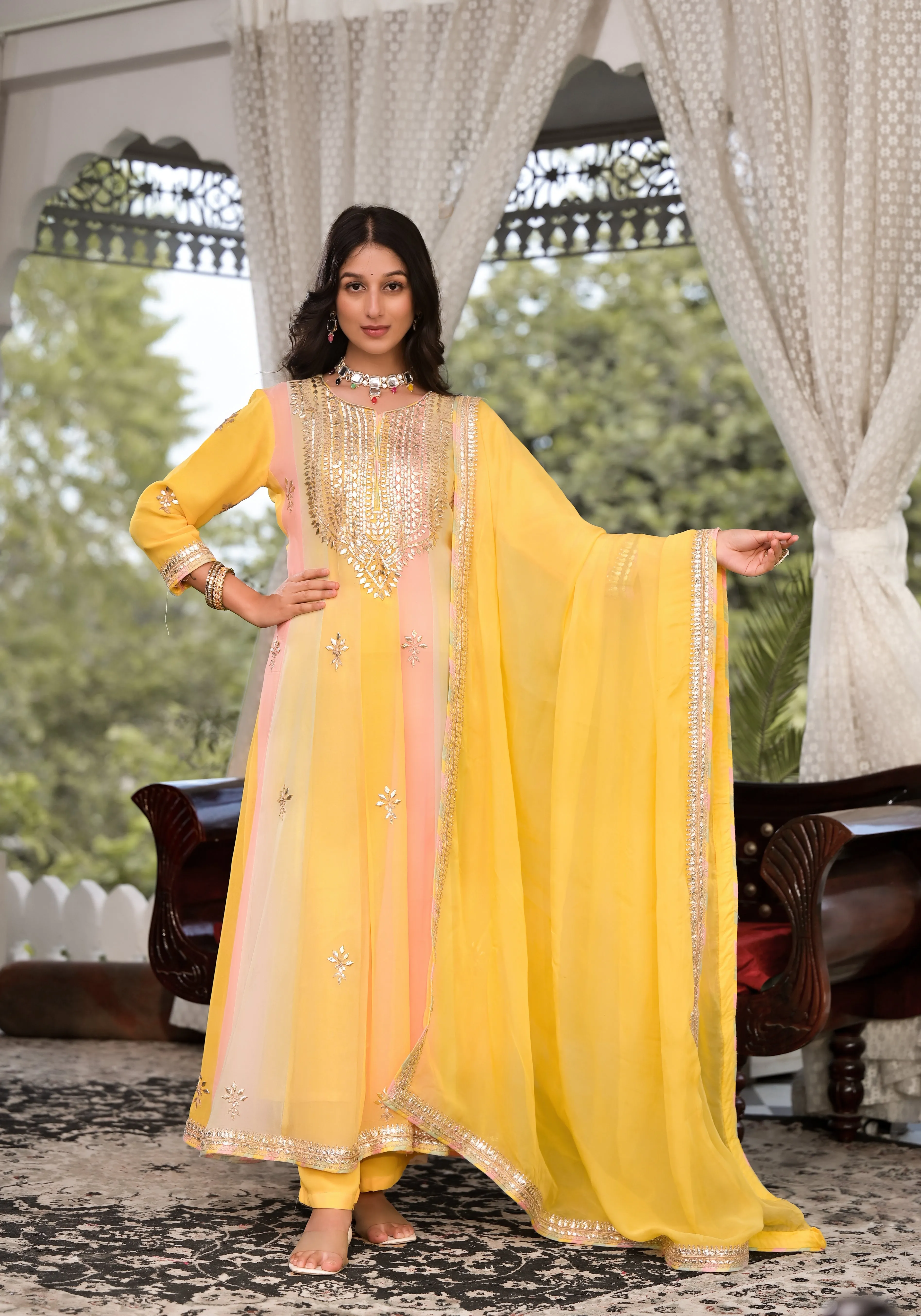 Yellow Gota Patti Embroidered Banarsi Georgette Kurta Set With Organza Dupatta