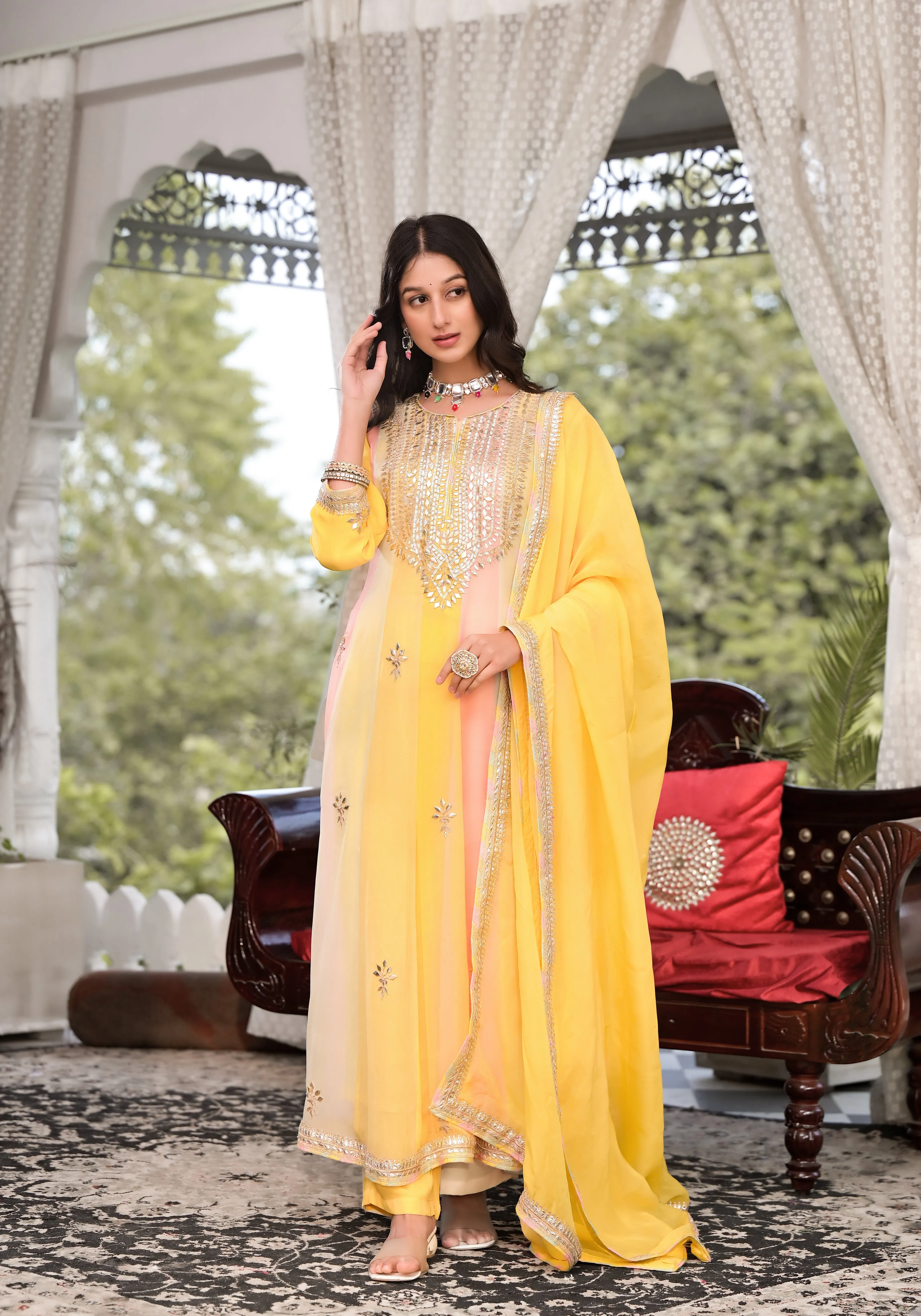 Yellow Gota Patti Embroidered Banarsi Georgette Kurta Set With Organza Dupatta