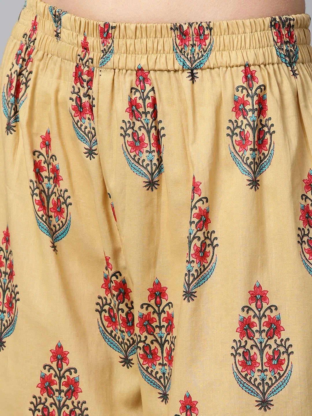 Yellow Printed 3/4Th Sleeve Cotton Anarkali Kurta With Printed Palazzo