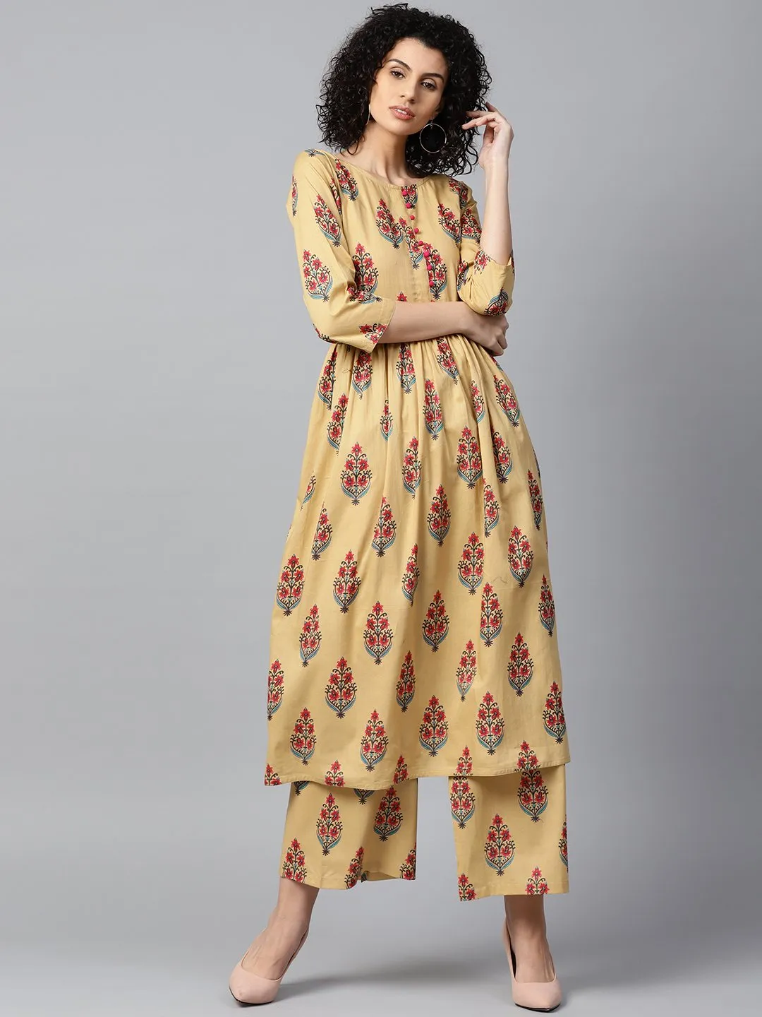 Yellow Printed 3/4Th Sleeve Cotton Anarkali Kurta With Printed Palazzo