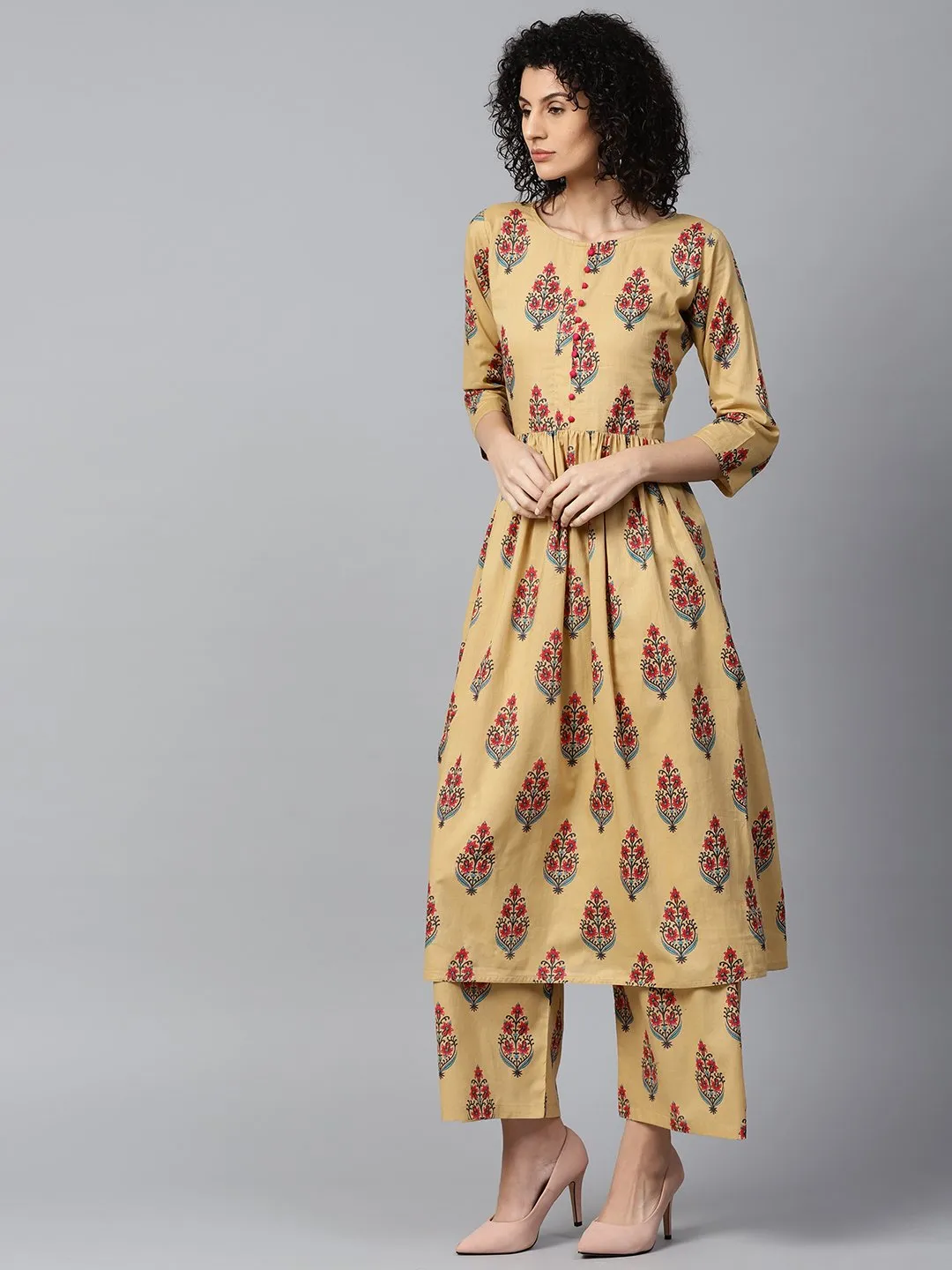 Yellow Printed 3/4Th Sleeve Cotton Anarkali Kurta With Printed Palazzo